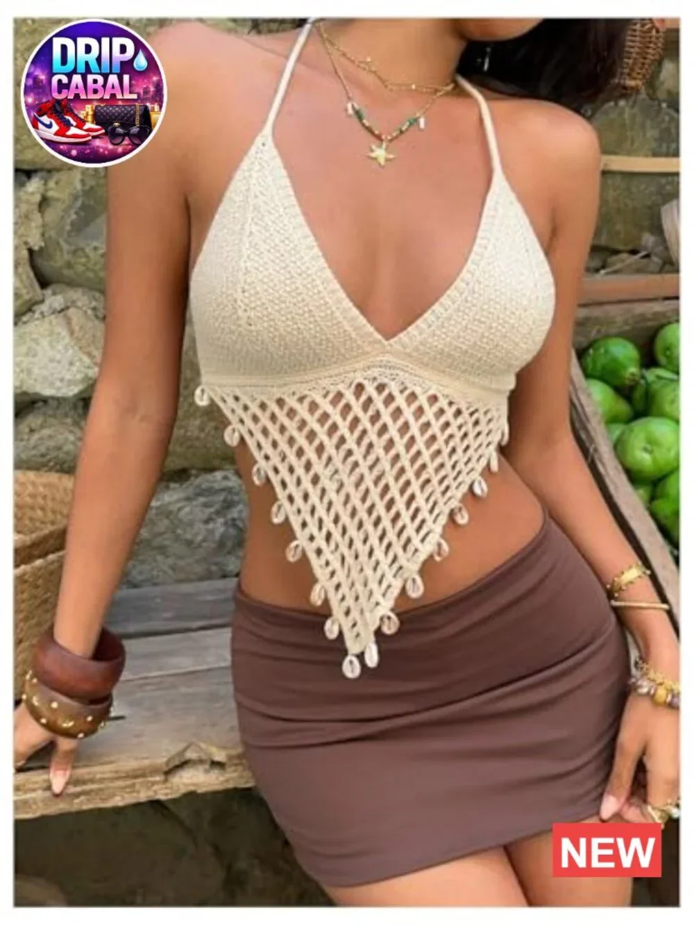 Boho Crochet Halter Top Asymmetrical V Neck Camisole Summer Vacation Beach - Picture 5 of 7